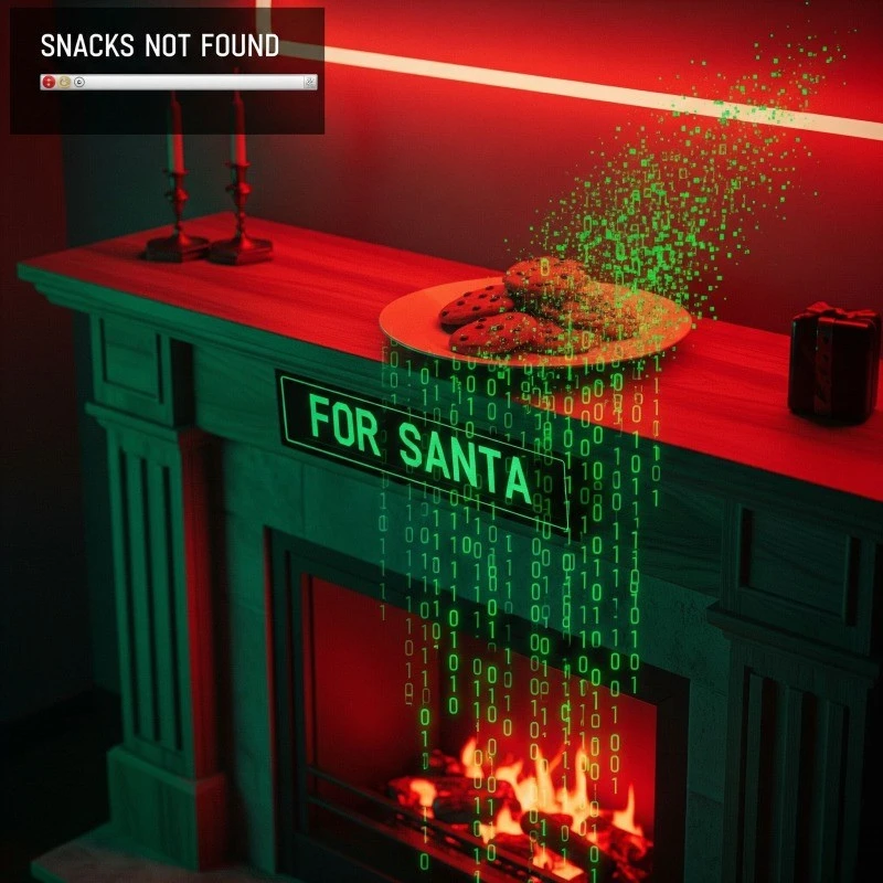 Error 12.25: Cookies Deleted — album cover. SNACKS NOT FOUND browser error window above a fireplace mantle with cookies labeled FOR SANTA; green digital-rain code falls from the plate into the flames.