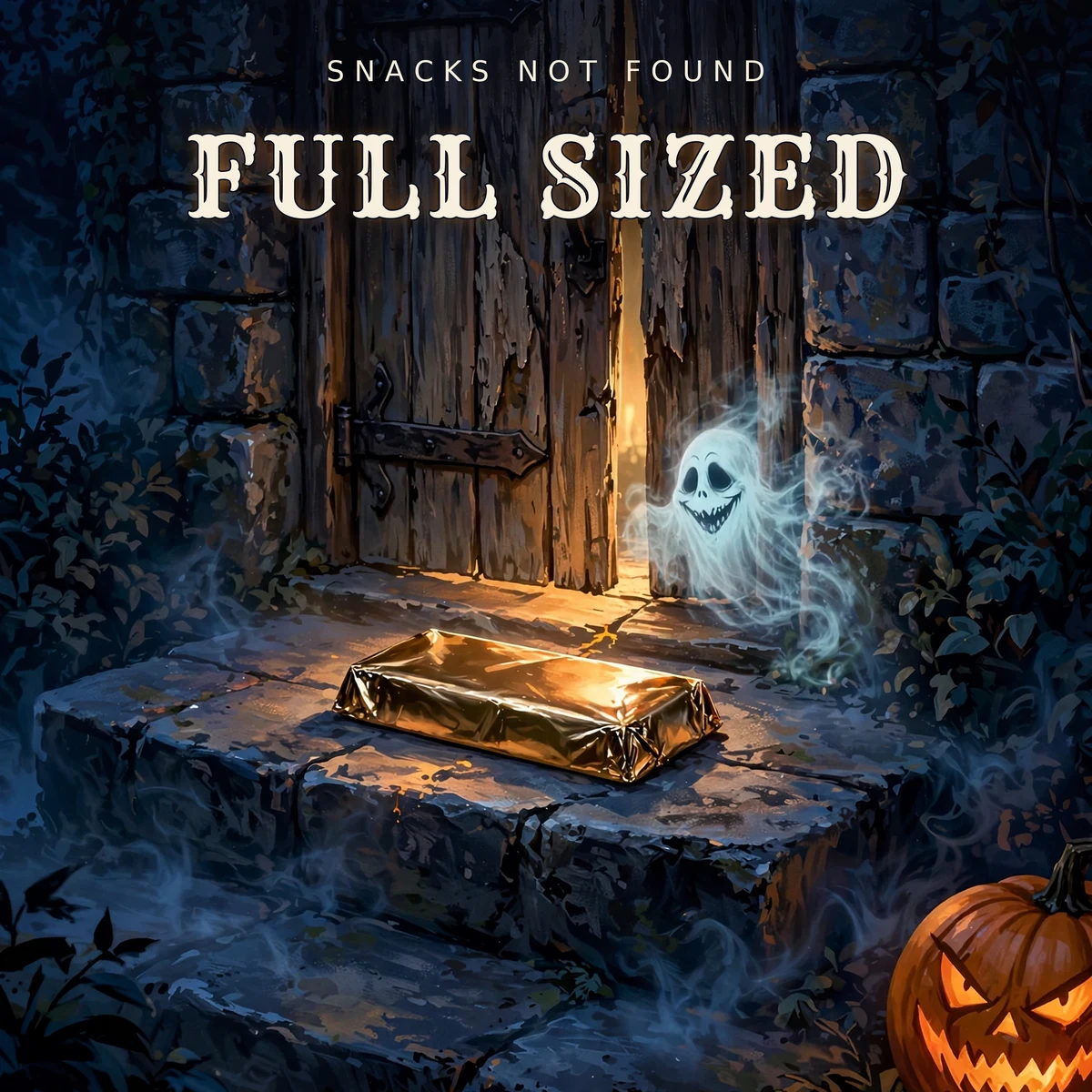 Full Sized cover: a grinning ghost at a candlelit doorway, a full-sized candy bar on the threshold, and a jack-o’-lantern.